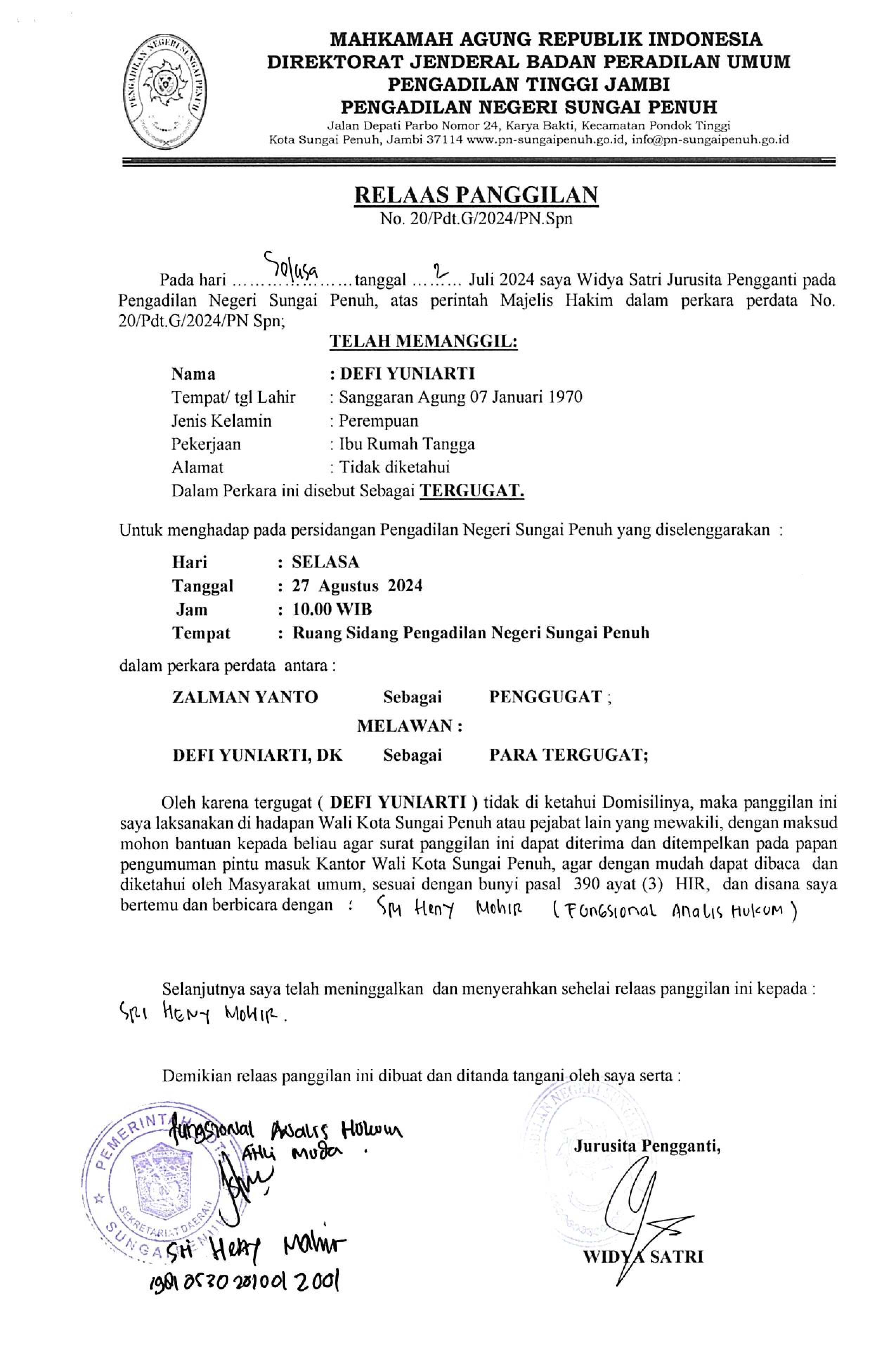 Panggilan Sidang Perkara Perdata Nomor 20/Pdt.G/2024/PN.SPN